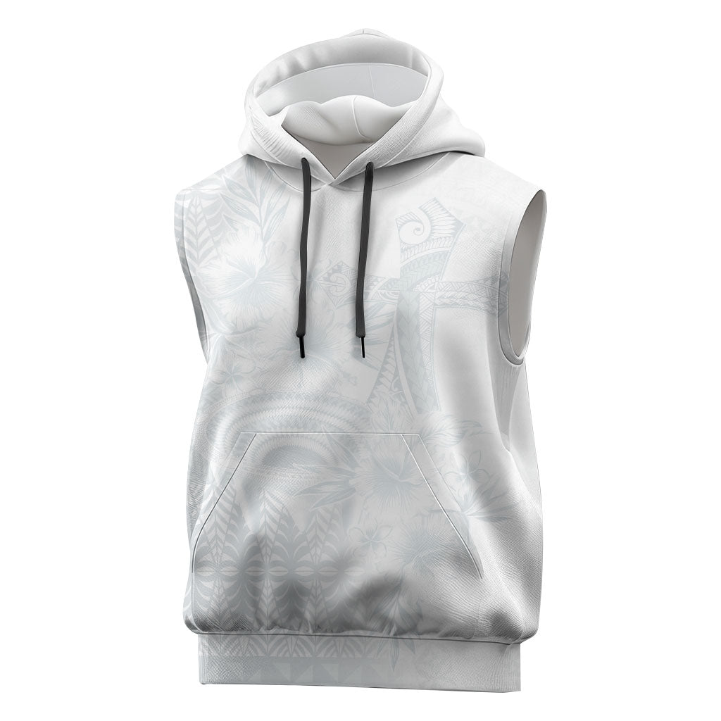 Tonga Ngatu Kupesi White Sunday Fakame Sleeveless Hoodie Koe Otua Mo Tonga Ko Hoku Tofia LT7 White - Polynesian Pride