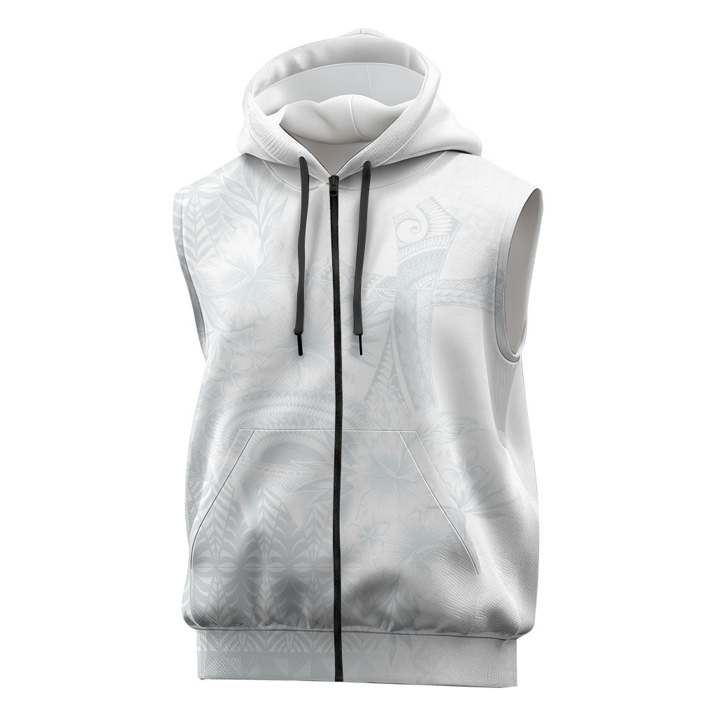 Tonga Ngatu Kupesi White Sunday Fakame Sleeveless Zip Hoodie Koe Otua Mo Tonga Ko Hoku Tofia LT7 White - Polynesian Pride