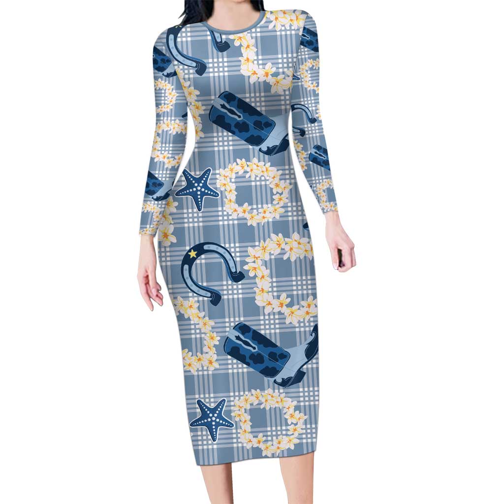 Aloha Hawaii Paniolo Jeans Palaka Long Sleeve Bodycon Dress Coastal Rodeo LT7 Long Dress Pastel Blue - Polynesian Pride