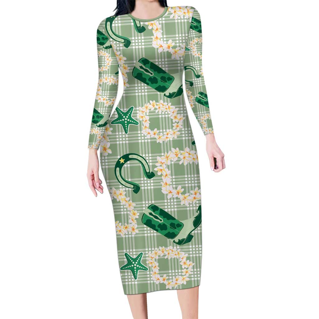 Aloha Hawaii Paniolo Mint Palaka Long Sleeve Bodycon Dress Coastal Rodeo LT7 Long Dress Mint - Polynesian Pride