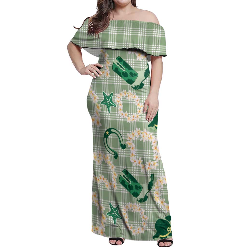 Aloha Hawaii Paniolo Mint Palaka Off Shoulder Maxi Dress Coastal Rodeo LT7 Women Mint - Polynesian Pride