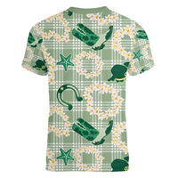 Aloha Hawaii Paniolo Mint Palaka Women V-Neck T-Shirt Coastal Rodeo LT7 - Polynesian Pride