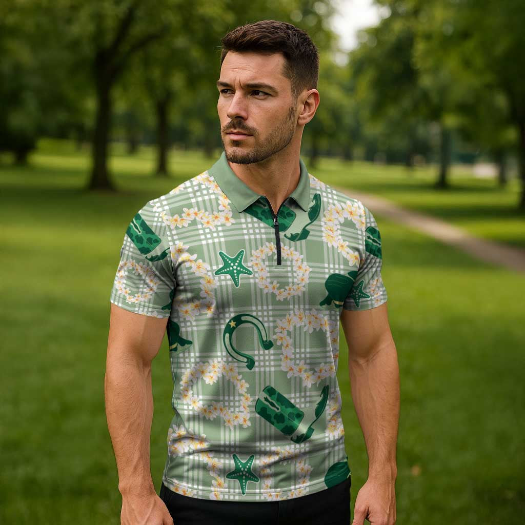 Aloha Hawaii Paniolo Mint Palaka Zipper Polo Shirt Coastal Rodeo LT7 - Polynesian Pride