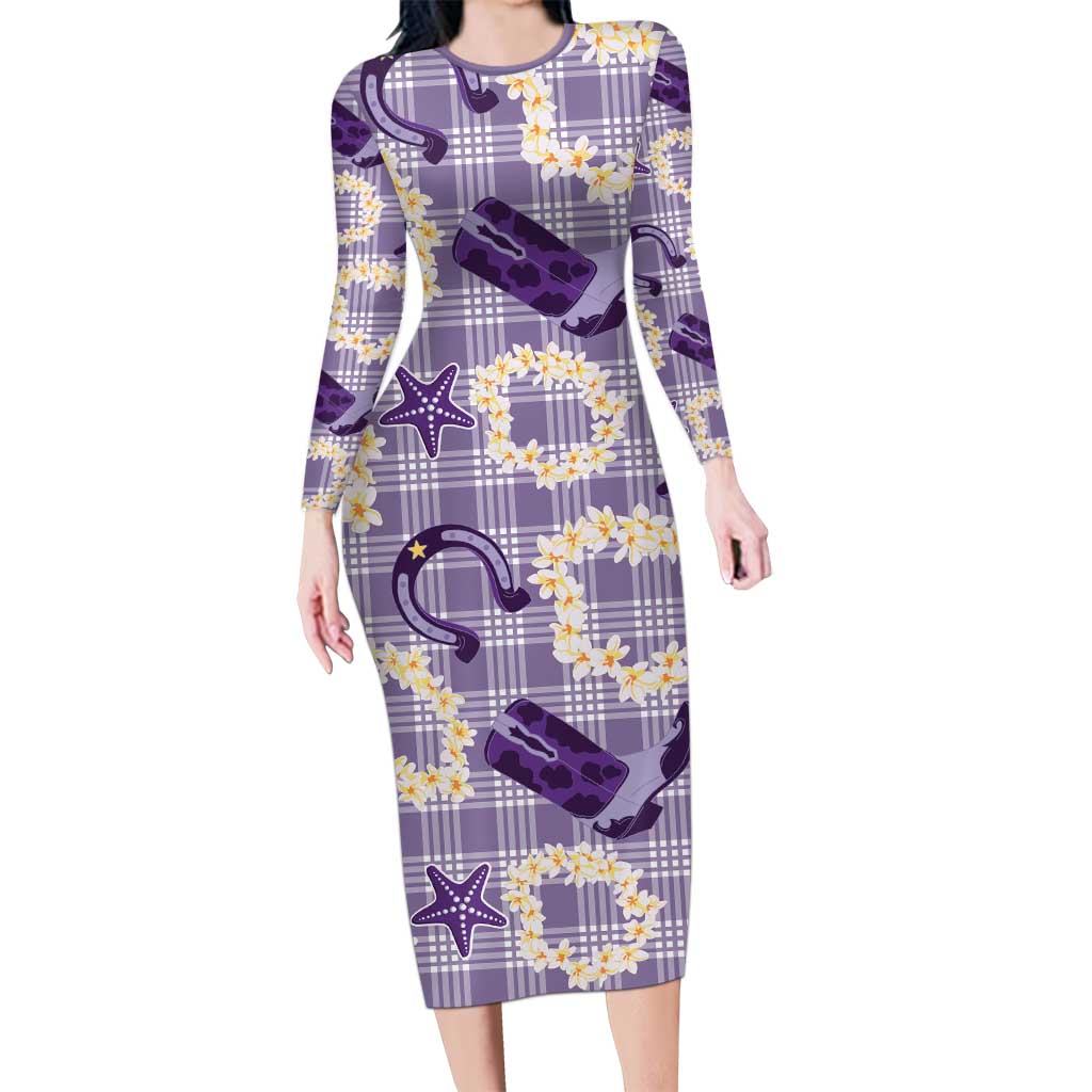 Aloha Hawaii Paniolo Lavender Palaka Long Sleeve Bodycon Dress Coastal Rodeo LT7 Long Dress Lavender - Polynesian Pride