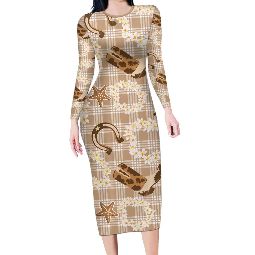 Aloha Hawaii Paniolo Khaki Palaka Long Sleeve Bodycon Dress Coastal Rodeo LT7 Long Dress Khaki - Polynesian Pride