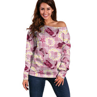 Aloha Hawaii Paniolo Lokelani Rose Palaka Off Shoulder Sweater Coastal Rodeo LT7 Women Rose Pink - Polynesian Pride