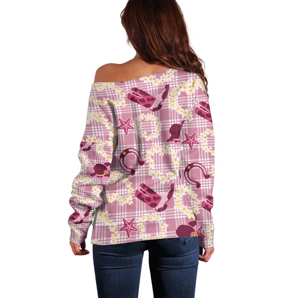 Aloha Hawaii Paniolo Lokelani Rose Palaka Off Shoulder Sweater Coastal Rodeo LT7 - Polynesian Pride