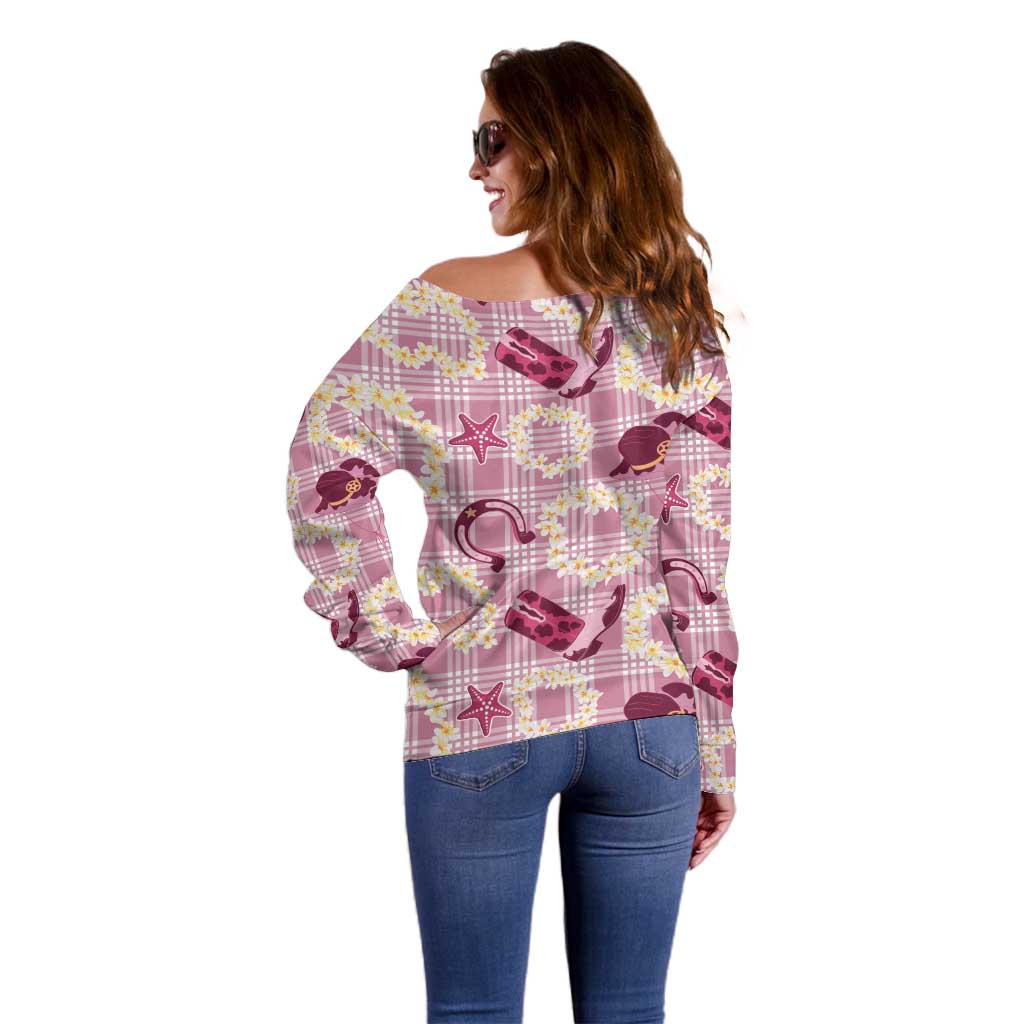 Aloha Hawaii Paniolo Lokelani Rose Palaka Off Shoulder Sweater Coastal Rodeo LT7 - Polynesian Pride