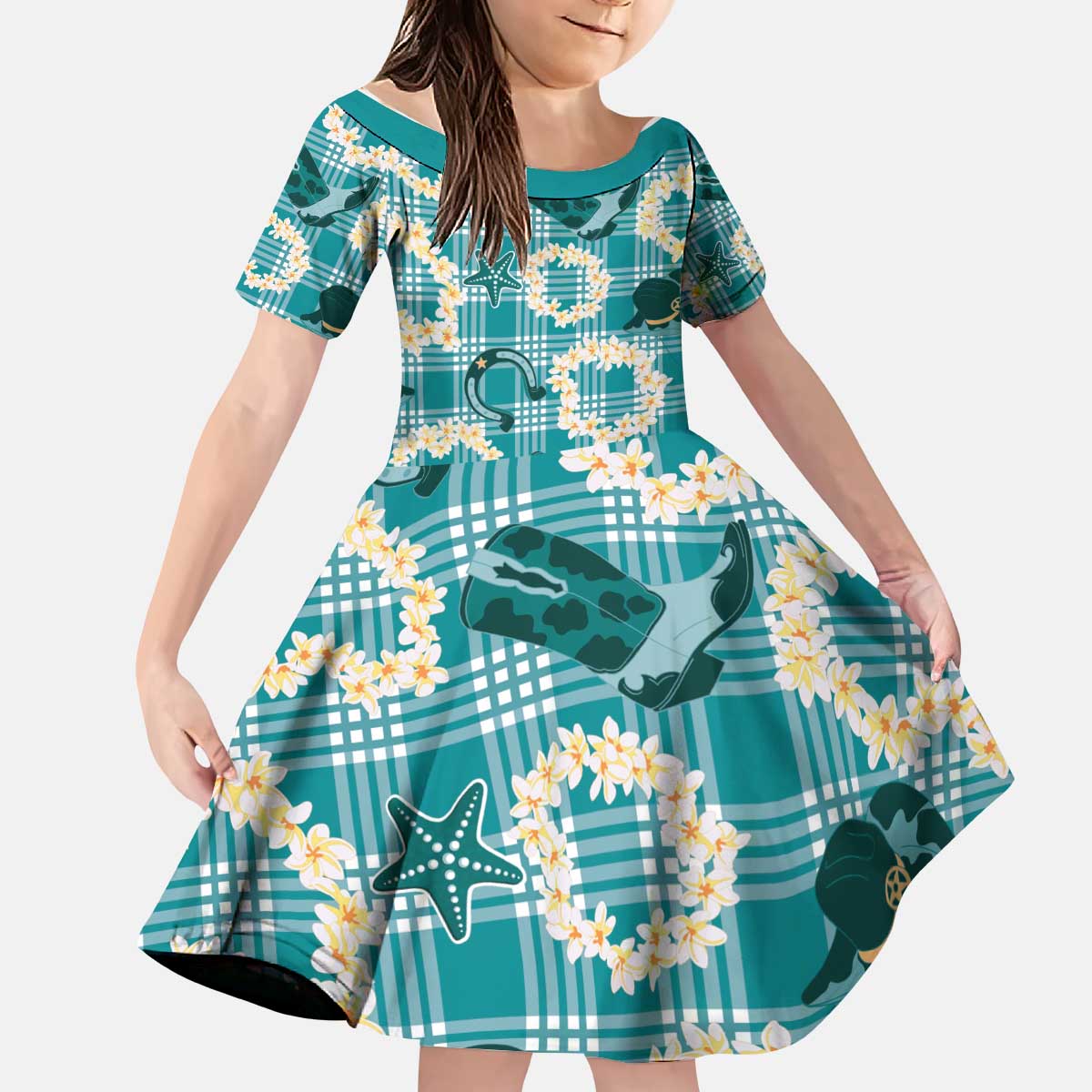 Aloha Hawaii Paniolo Teal Palaka Kid Short Sleeve Dress Coastal Rodeo LT7 KID Teal - Polynesian Pride
