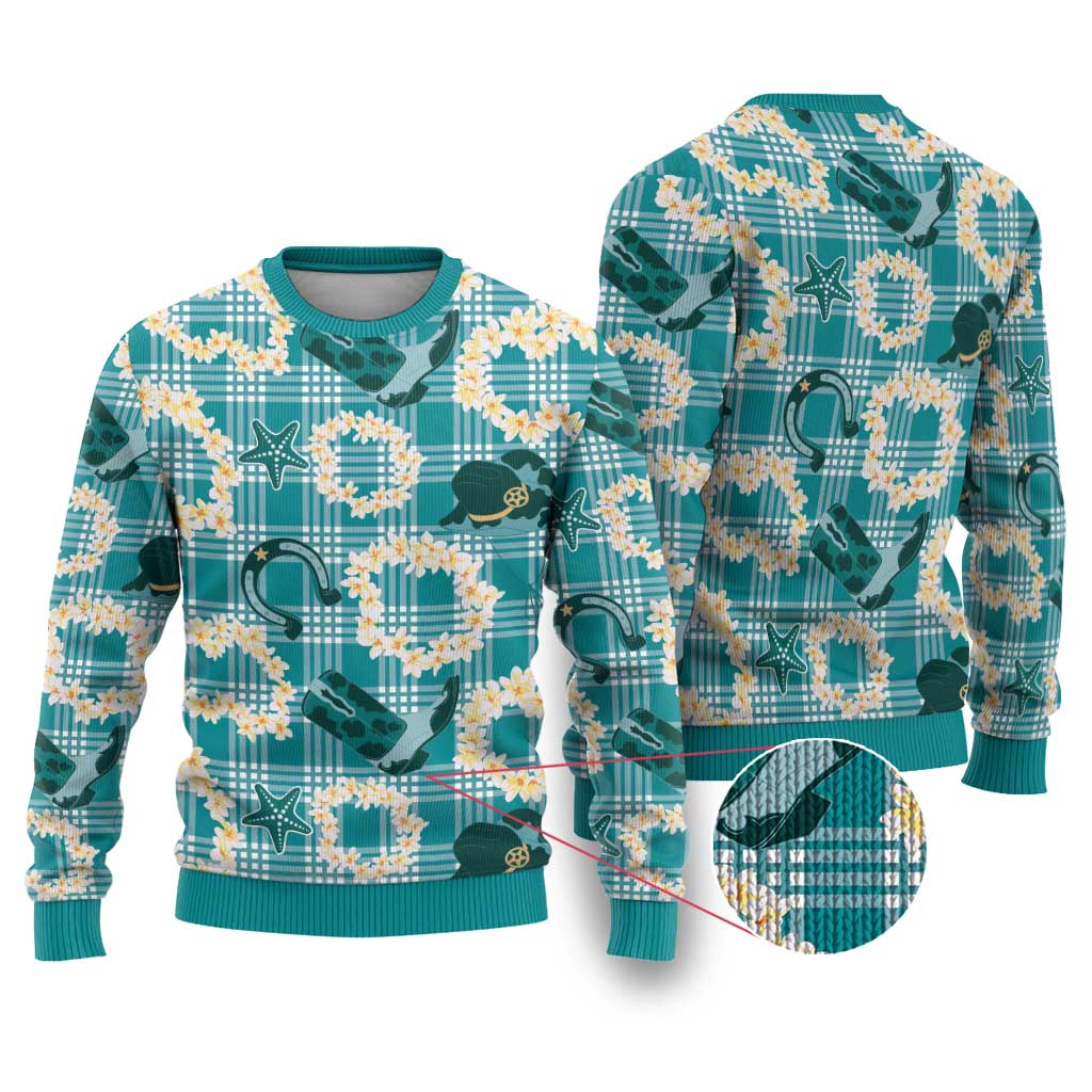 Aloha Hawaii Paniolo Teal Palaka Ugly Christmas Sweater Coastal Rodeo LT7 Teal - Polynesian Pride