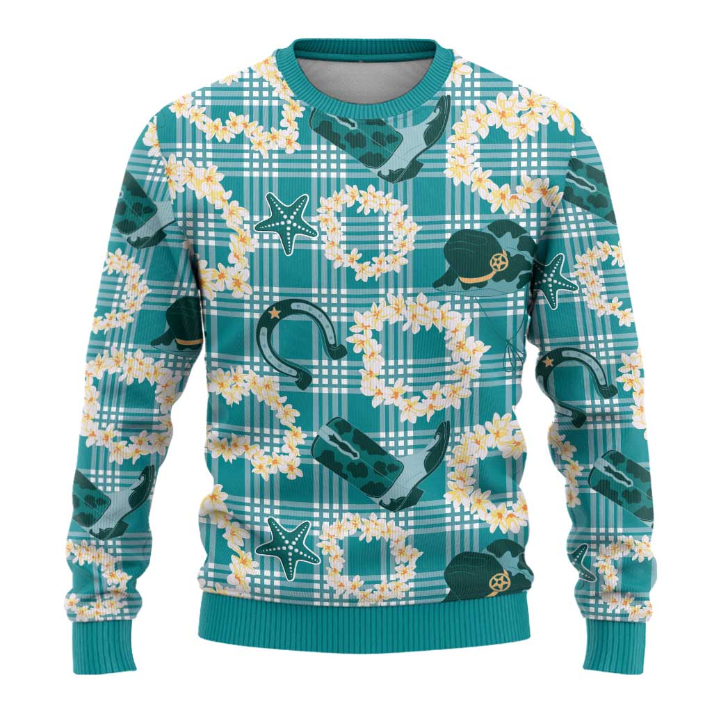 Aloha Hawaii Paniolo Teal Palaka Ugly Christmas Sweater Coastal Rodeo LT7 - Polynesian Pride
