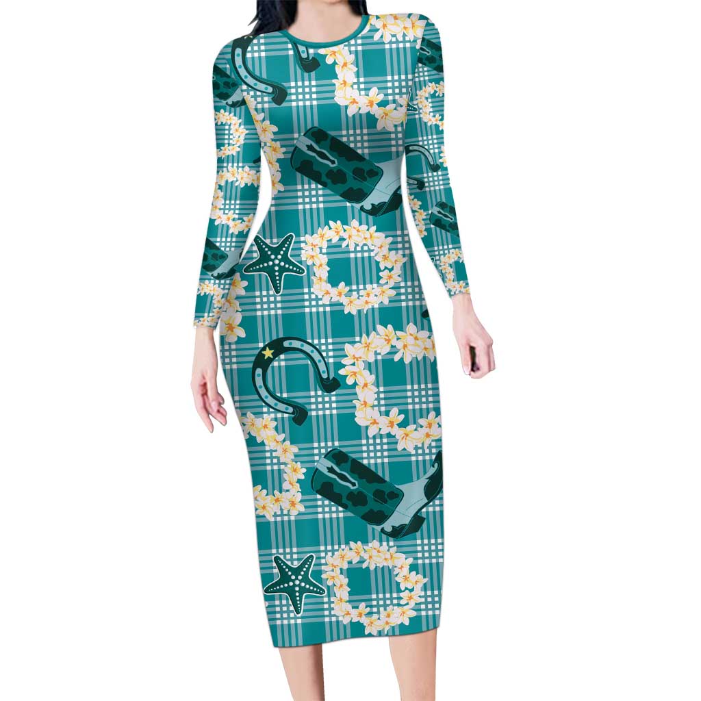 Aloha Hawaii Paniolo Teal Palaka Long Sleeve Bodycon Dress Coastal Rodeo LT7 Long Dress Teal - Polynesian Pride