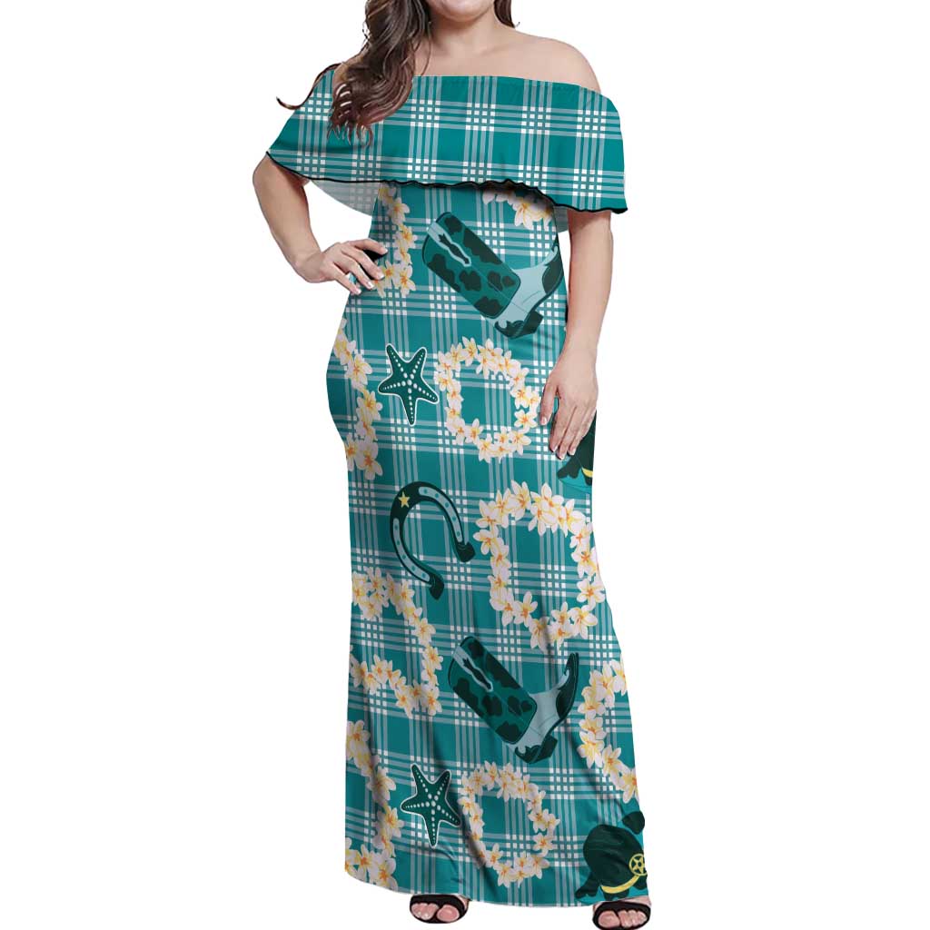 Aloha Hawaii Paniolo Teal Palaka Off Shoulder Maxi Dress Coastal Rodeo LT7 Women Teal - Polynesian Pride