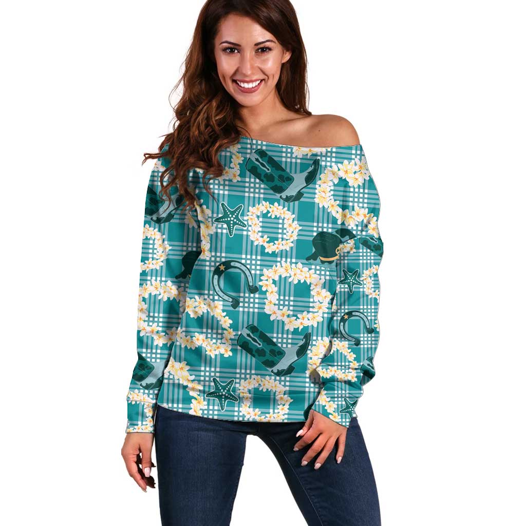 Aloha Hawaii Paniolo Teal Palaka Off Shoulder Sweater Coastal Rodeo LT7 Women Teal - Polynesian Pride