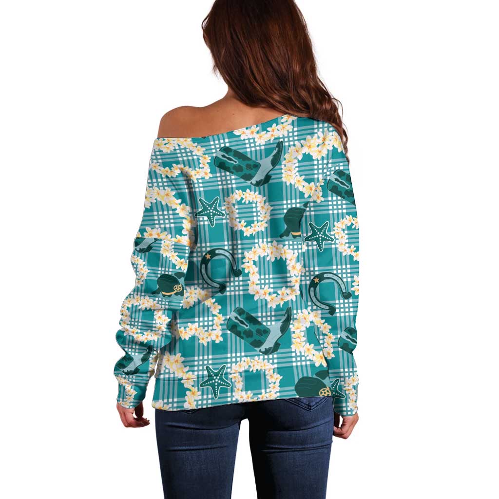 Aloha Hawaii Paniolo Teal Palaka Off Shoulder Sweater Coastal Rodeo LT7 - Polynesian Pride