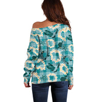 Aloha Hawaii Paniolo Teal Palaka Off Shoulder Sweater Coastal Rodeo LT7 - Polynesian Pride