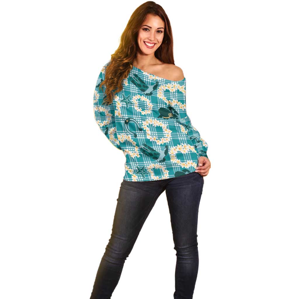 Aloha Hawaii Paniolo Teal Palaka Off Shoulder Sweater Coastal Rodeo LT7 - Polynesian Pride