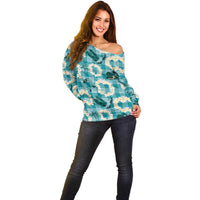 Aloha Hawaii Paniolo Teal Palaka Off Shoulder Sweater Coastal Rodeo LT7 - Polynesian Pride