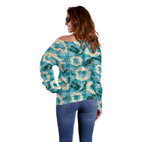Aloha Hawaii Paniolo Teal Palaka Off Shoulder Sweater Coastal Rodeo LT7 - Polynesian Pride