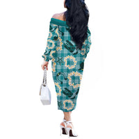 Aloha Hawaii Paniolo Teal Palaka Off The Shoulder Long Sleeve Dress Coastal Rodeo LT7 - Polynesian Pride