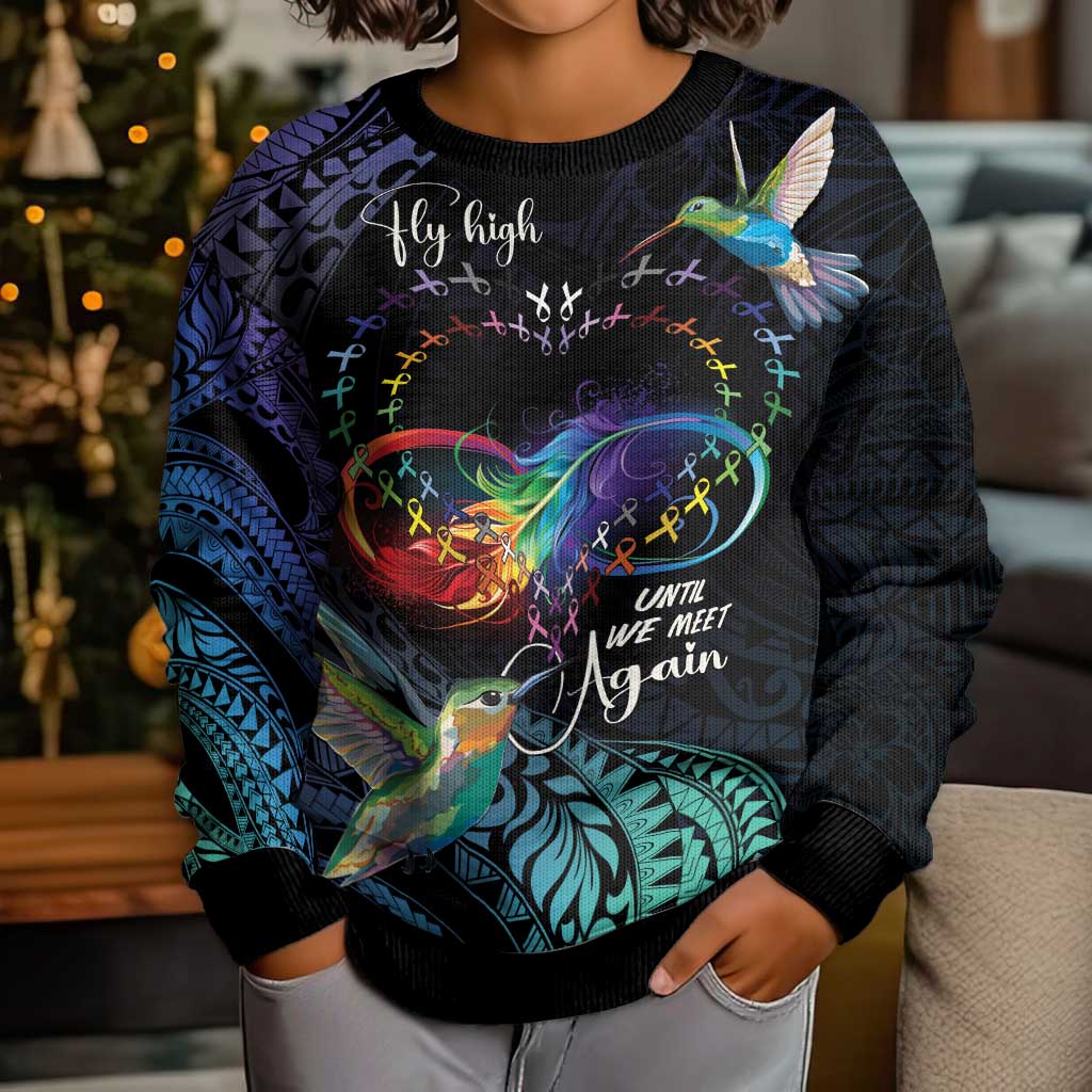 Polynesian Cancers Awareness Kid Ugly Christmas Sweater Hummingbird - Fly High Until We Meet Again LT7 - Polynesian Pride