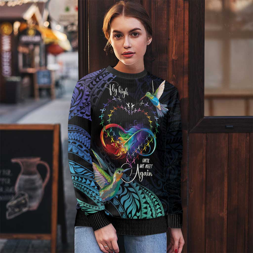 Polynesian Cancers Awareness Ugly Christmas Sweater Hummingbird - Fly High Until We Meet Again LT7 - Polynesian Pride