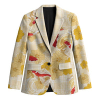 Beige Palaka Hawaii Aloha Blazer Koi Pond Mix Ilima Flowers LT7 Unisex Cream Yellow - Polynesian Pride