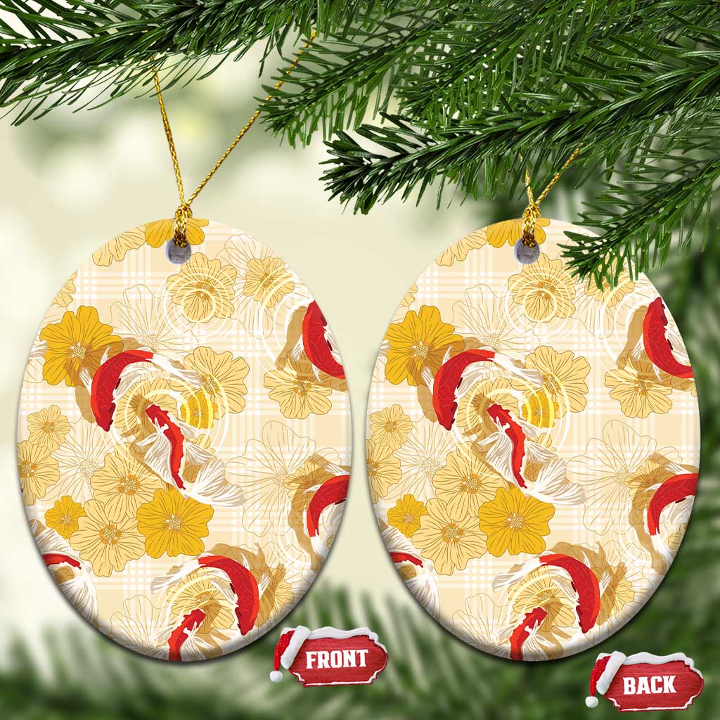 Beige Palaka Hawaii Aloha Ceramic Ornament Koi Pond Mix Ilima Flowers LT7 Oval Cream Yellow - Polynesian Pride