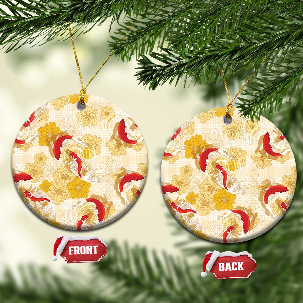Beige Palaka Hawaii Aloha Ceramic Ornament Koi Pond Mix Ilima Flowers LT7 Circle Cream Yellow - Polynesian Pride