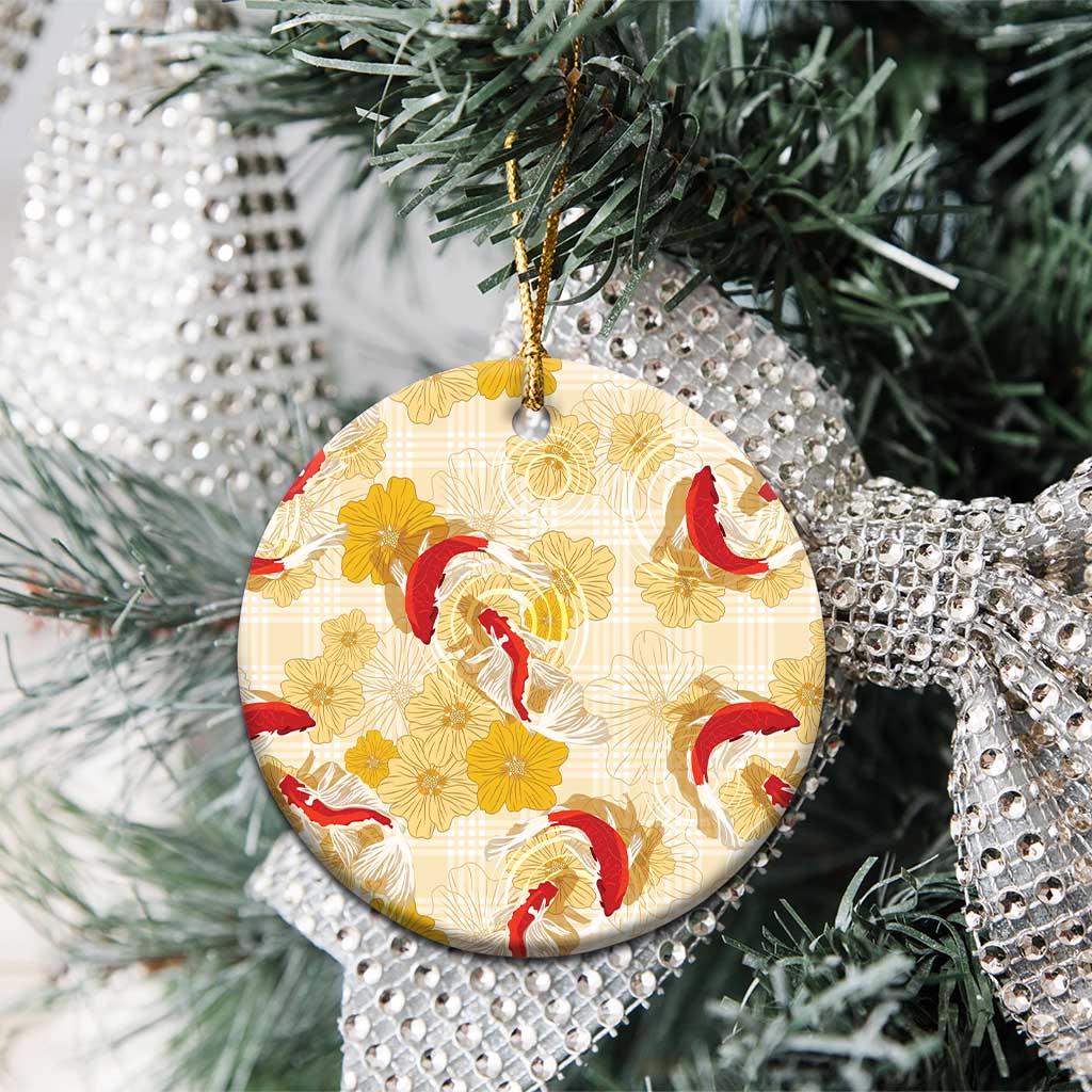 Beige Palaka Hawaii Aloha Ceramic Ornament Koi Pond Mix Ilima Flowers LT7 - Polynesian Pride