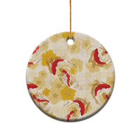 Beige Palaka Hawaii Aloha Ceramic Ornament Koi Pond Mix Ilima Flowers LT7 - Polynesian Pride