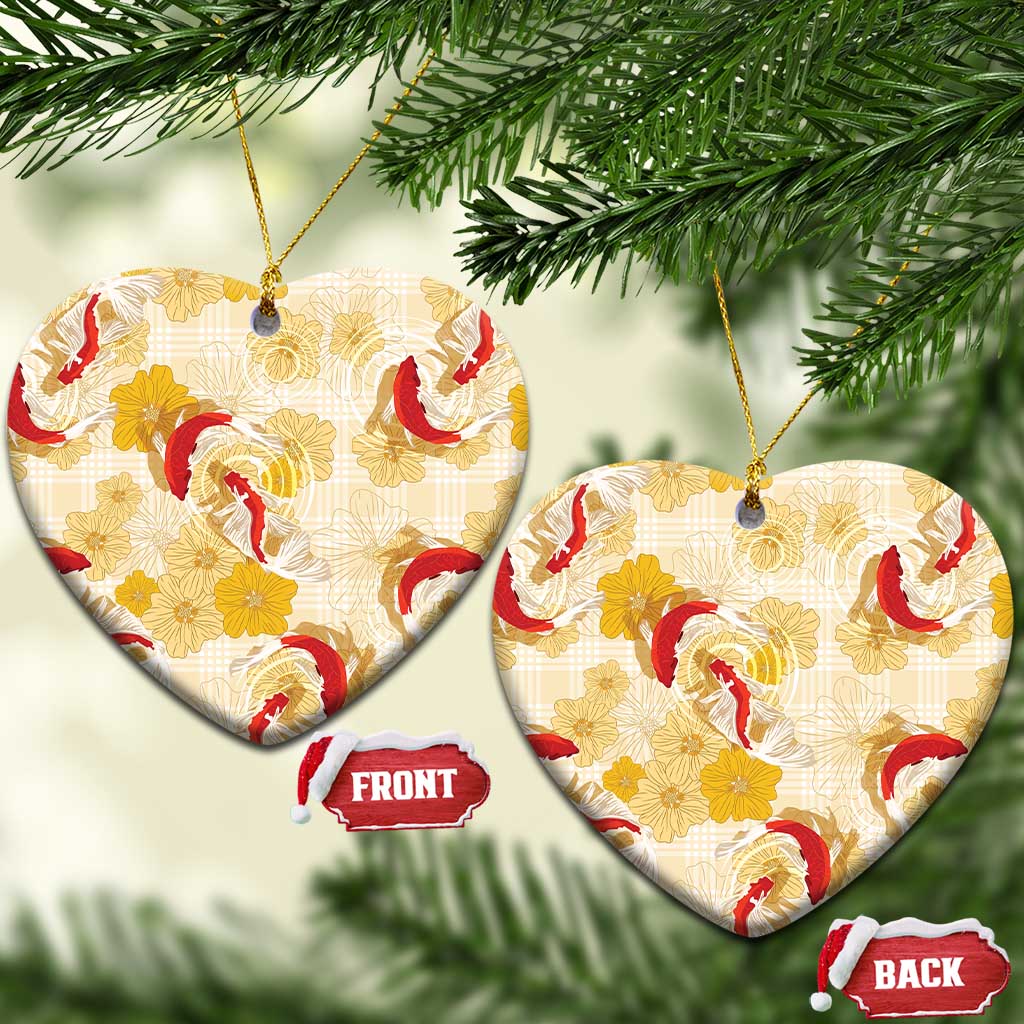 Beige Palaka Hawaii Aloha Ceramic Ornament Koi Pond Mix Ilima Flowers LT7 Heart Cream Yellow - Polynesian Pride
