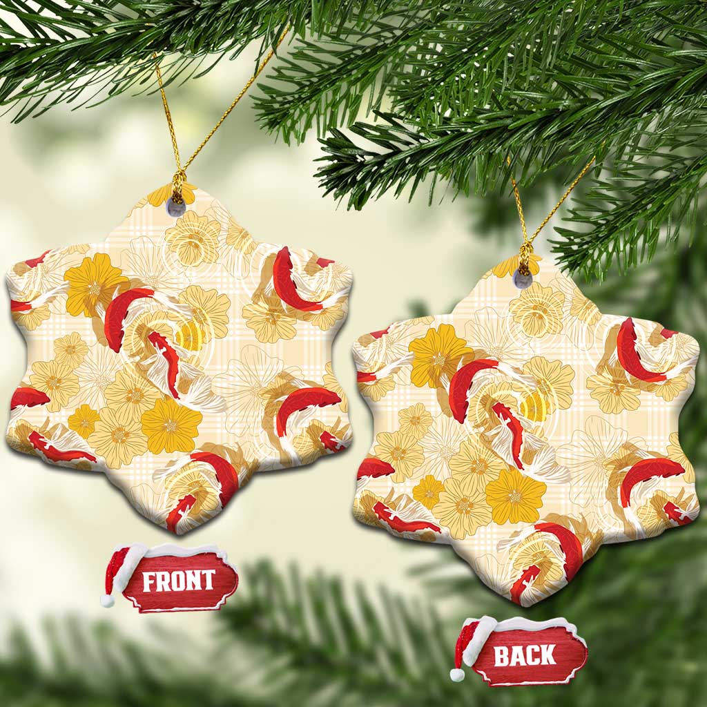 Beige Palaka Hawaii Aloha Ceramic Ornament Koi Pond Mix Ilima Flowers LT7 Snow Flake Cream Yellow - Polynesian Pride