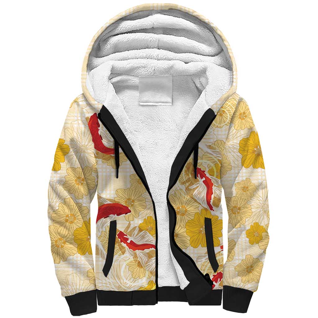 Beige Palaka Hawaii Aloha Sherpa Hoodie Koi Pond Mix Ilima Flowers LT7 Unisex Cream Yellow - Polynesian Pride