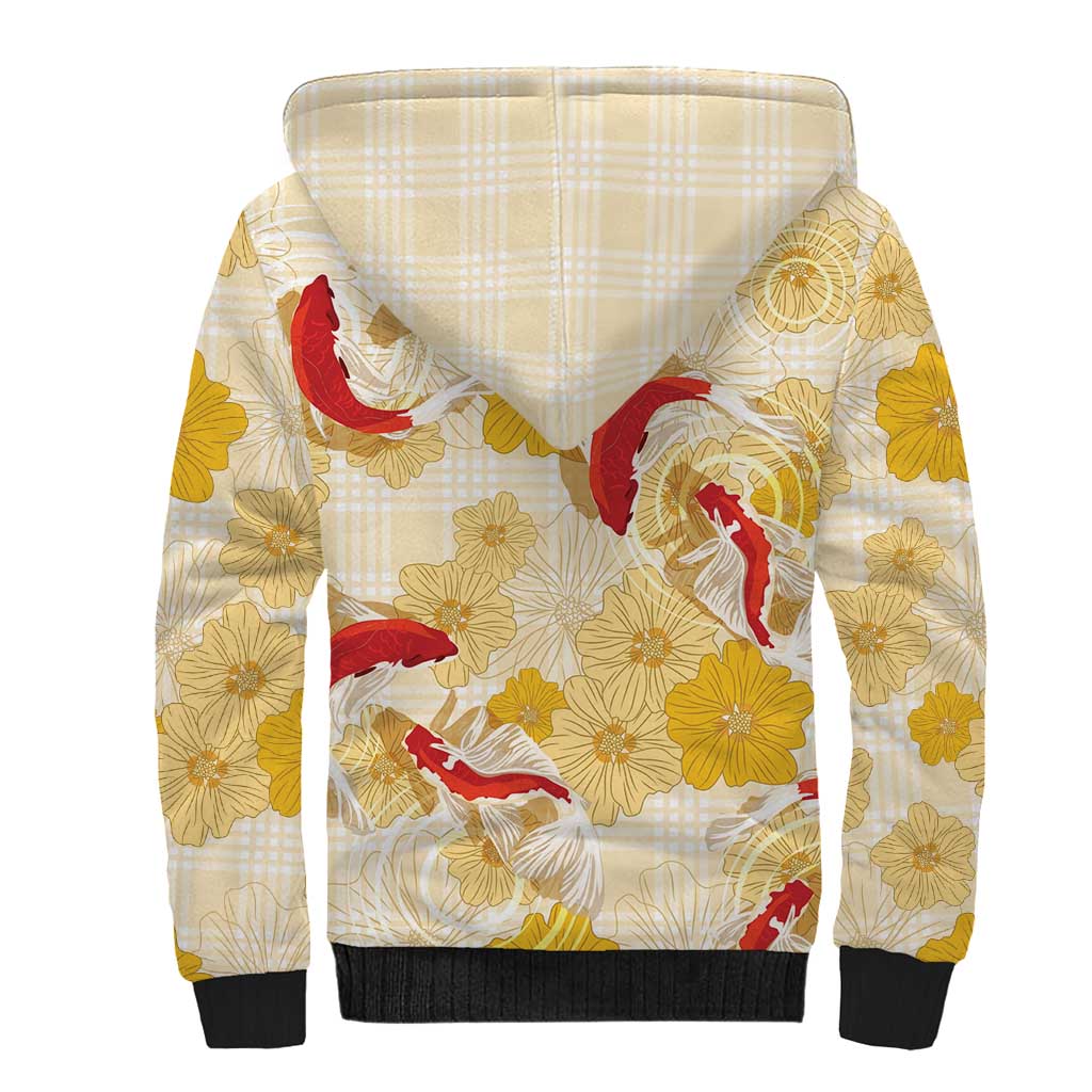 Beige Palaka Hawaii Aloha Sherpa Hoodie Koi Pond Mix Ilima Flowers LT7 - Polynesian Pride