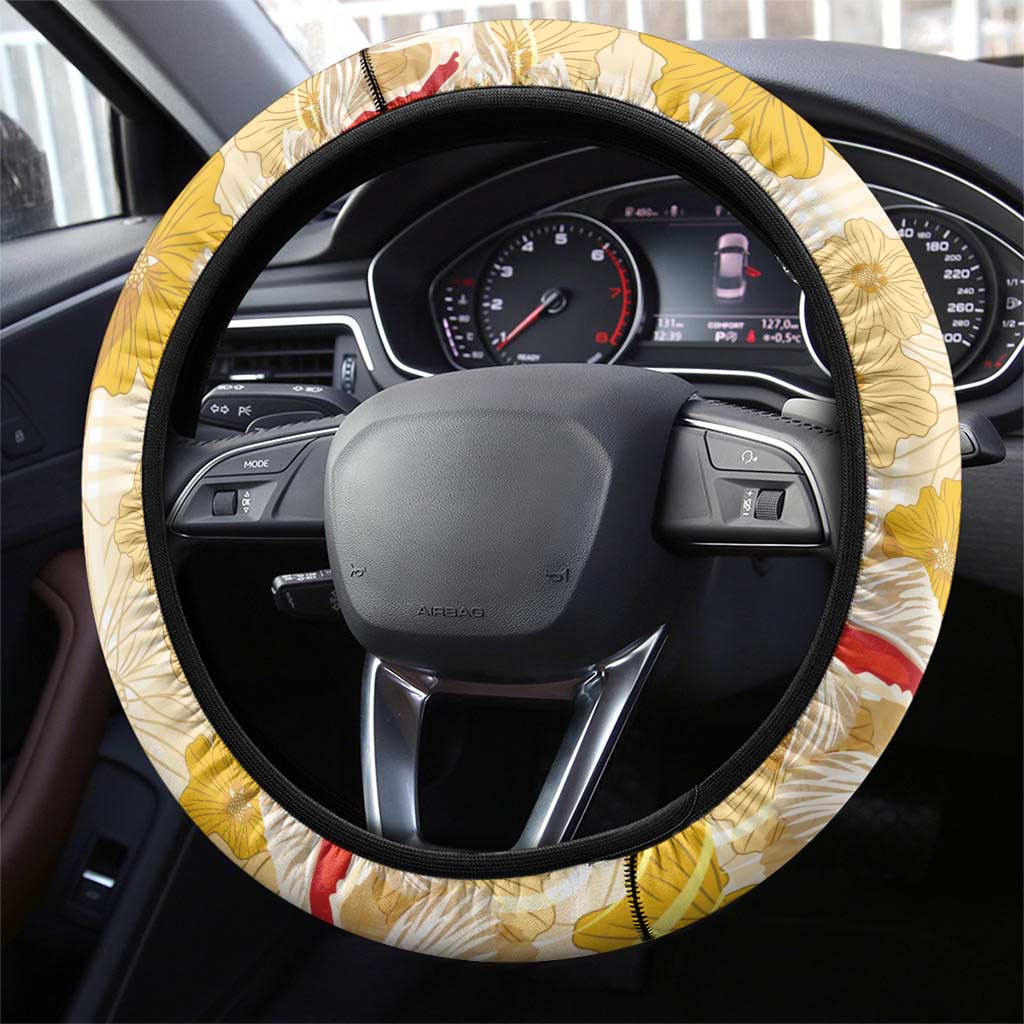 Beige Palaka Hawaii Aloha Steering Wheel Cover Koi Pond Mix Ilima Flowers LT7 - Polynesian Pride