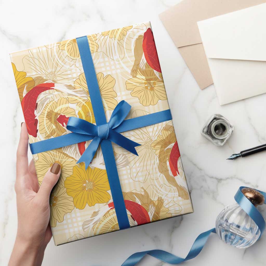 Beige Palaka Hawaii Aloha Wrapping Paper Koi Pond Mix Ilima Flowers LT7 - Polynesian Pride