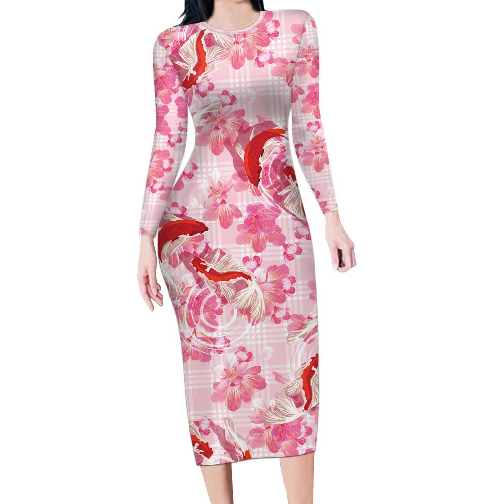 Pink Palaka Hawaii Aloha Long Sleeve Bodycon Dress Koi Pond Mix Sakura LT7 Long Dress Pink - Polynesian Pride