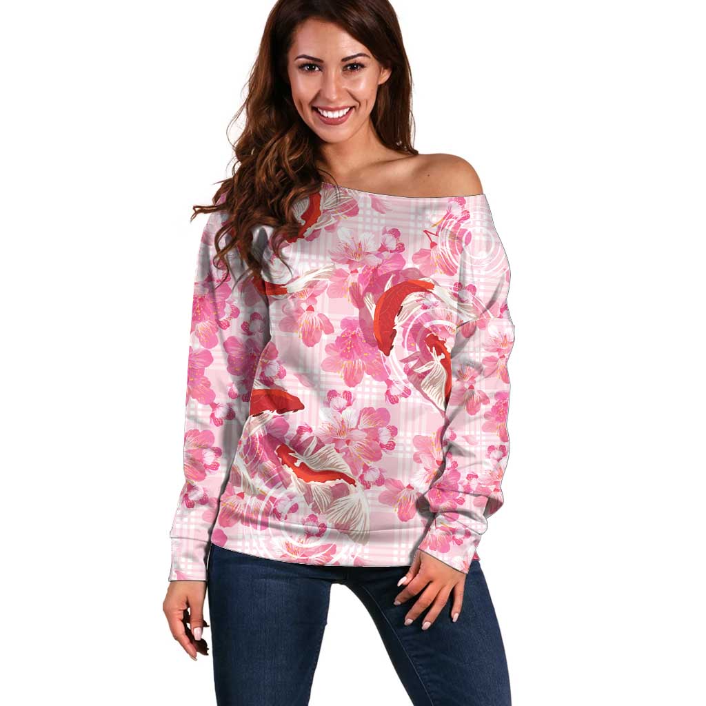 Pink Palaka Hawaii Aloha Off Shoulder Sweater Koi Pond Mix Sakura LT7 Women Pink - Polynesian Pride