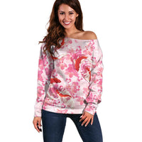 Pink Palaka Hawaii Aloha Off Shoulder Sweater Koi Pond Mix Sakura LT7 Women Pink - Polynesian Pride