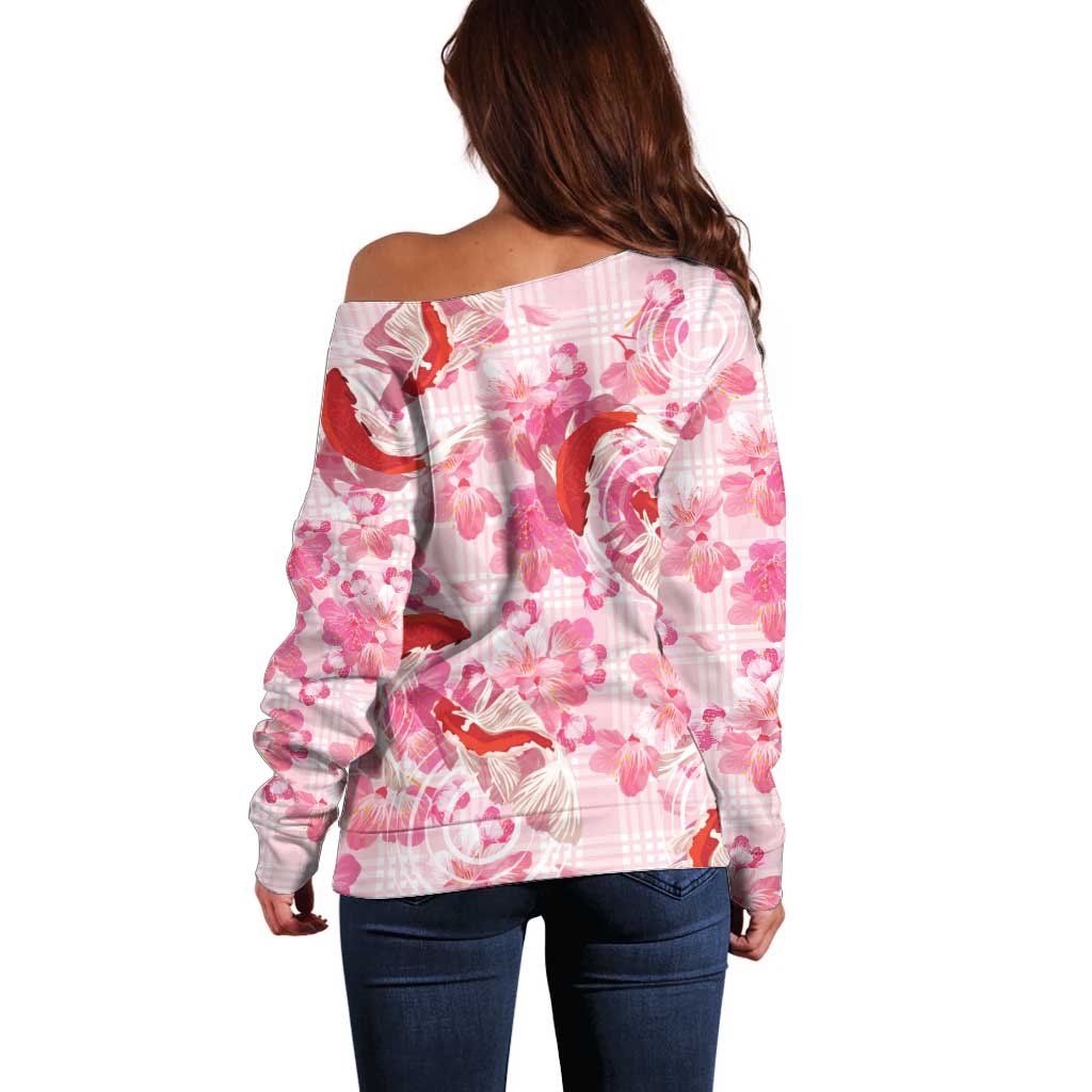 Pink Palaka Hawaii Aloha Off Shoulder Sweater Koi Pond Mix Sakura LT7 - Polynesian Pride