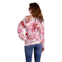 Pink Palaka Hawaii Aloha Off Shoulder Sweater Koi Pond Mix Sakura LT7 - Polynesian Pride