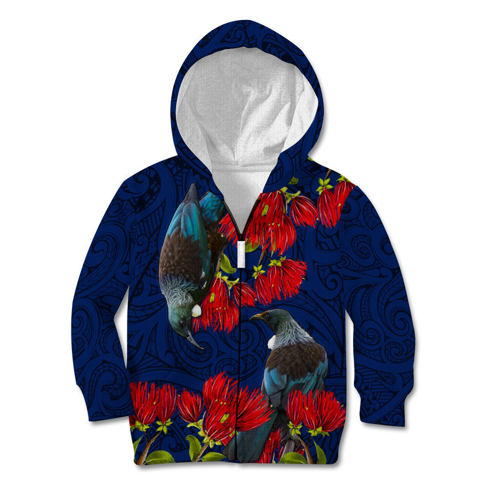 New Zealand Kid Hoodie Tui Couple with Pohutukawa LT7 Zip Hoodie Blue - Polynesian Pride