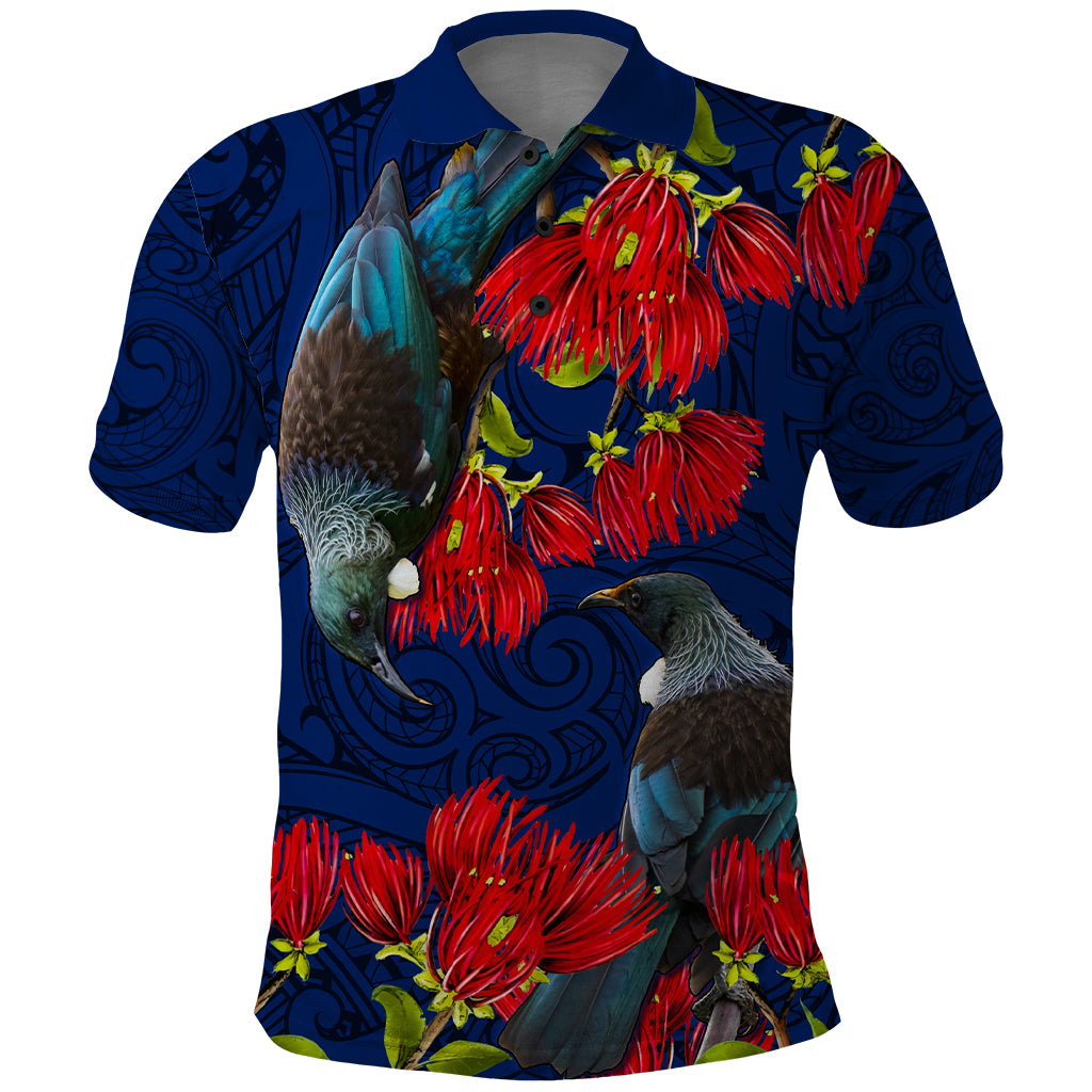 New Zealand Polo Shirt Tui Couple with Pohutukawa LT7 Blue - Polynesian Pride