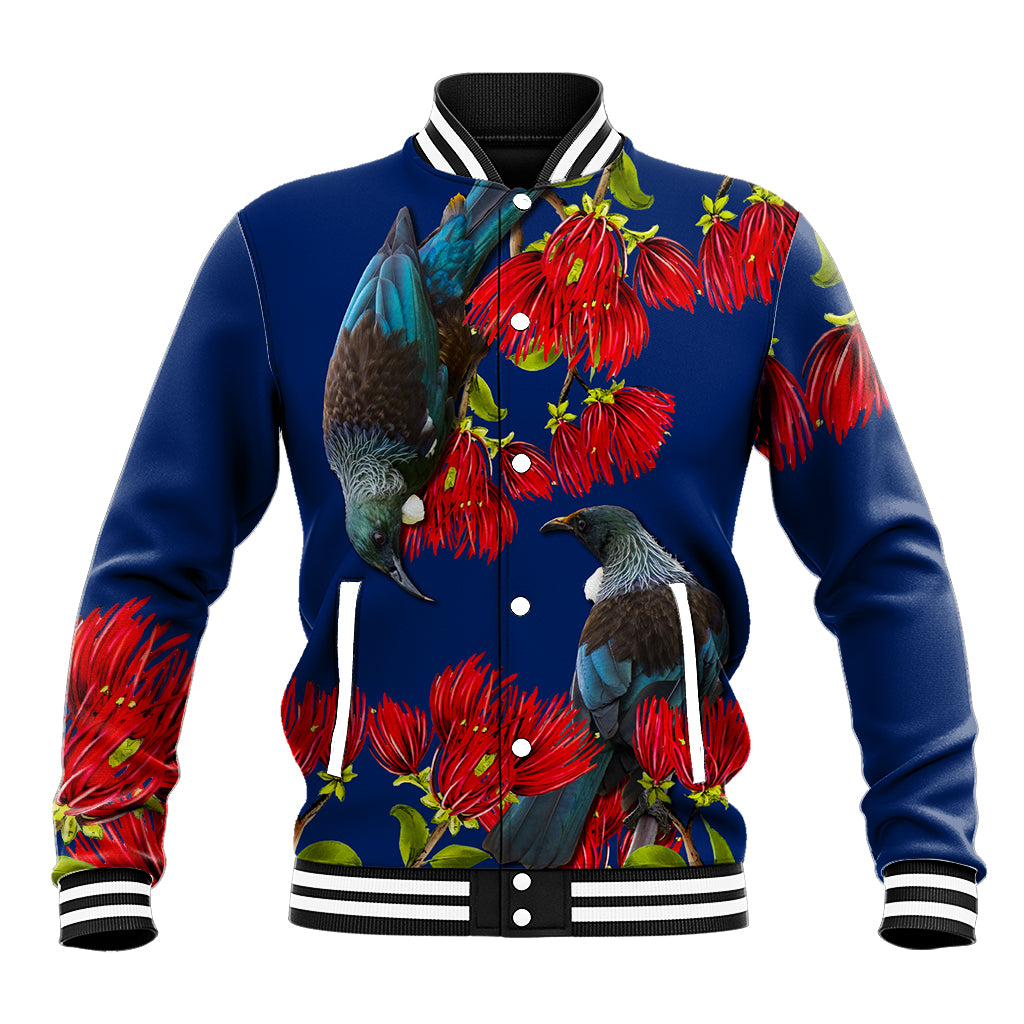 New Zealand Pohutukawa with Tui Birds Baseball Jacket Version 2 LT7 Unisex Blue - Polynesian Pride