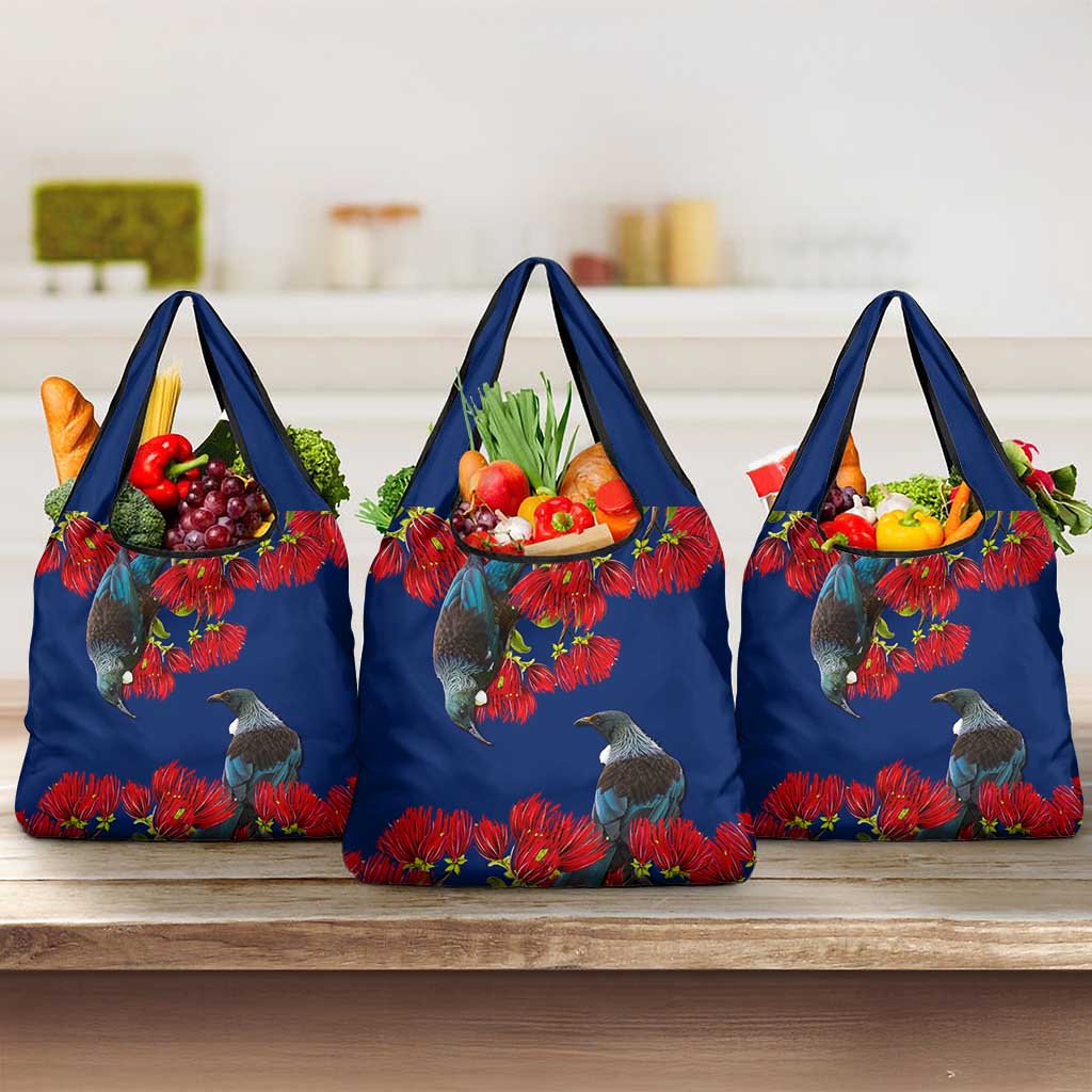 New Zealand Pohutukawa with Tui Birds Grocery Bag Version 2 LT7 3-pack One Size Blue - Polynesian Pride