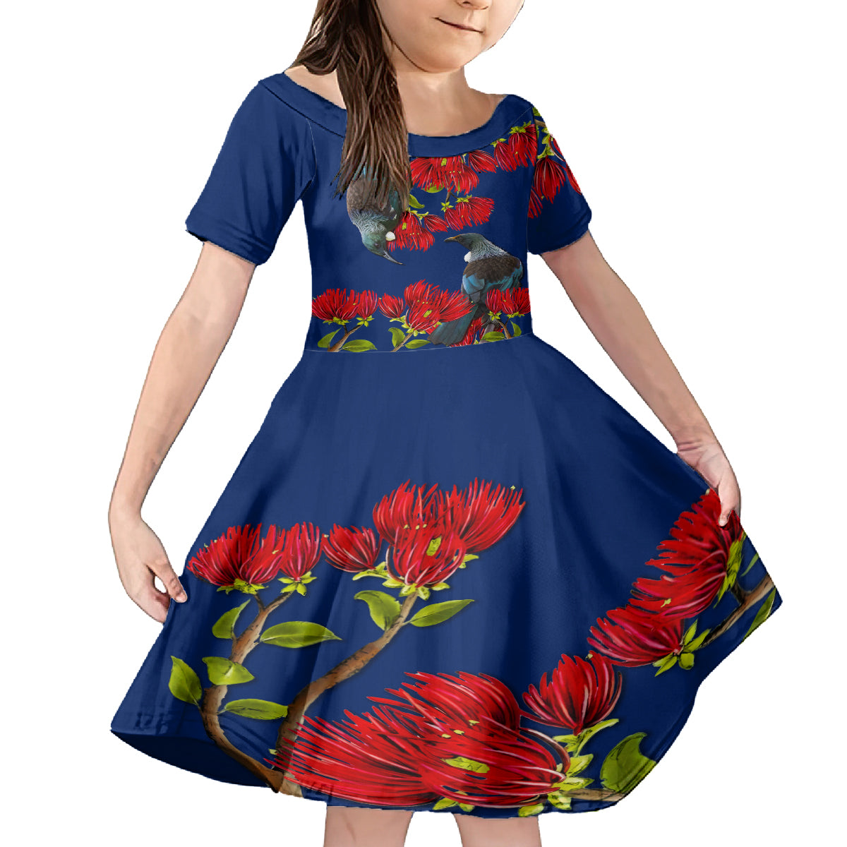 New Zealand Pohutukawa with Tui Birds Kid Short Sleeve Dress Version 2 LT7 KID Blue - Polynesian Pride
