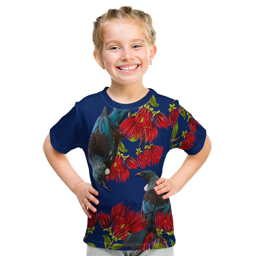 New Zealand Pohutukawa with Tui Birds Kid T Shirt Version 2 LT7 Blue - Polynesian Pride