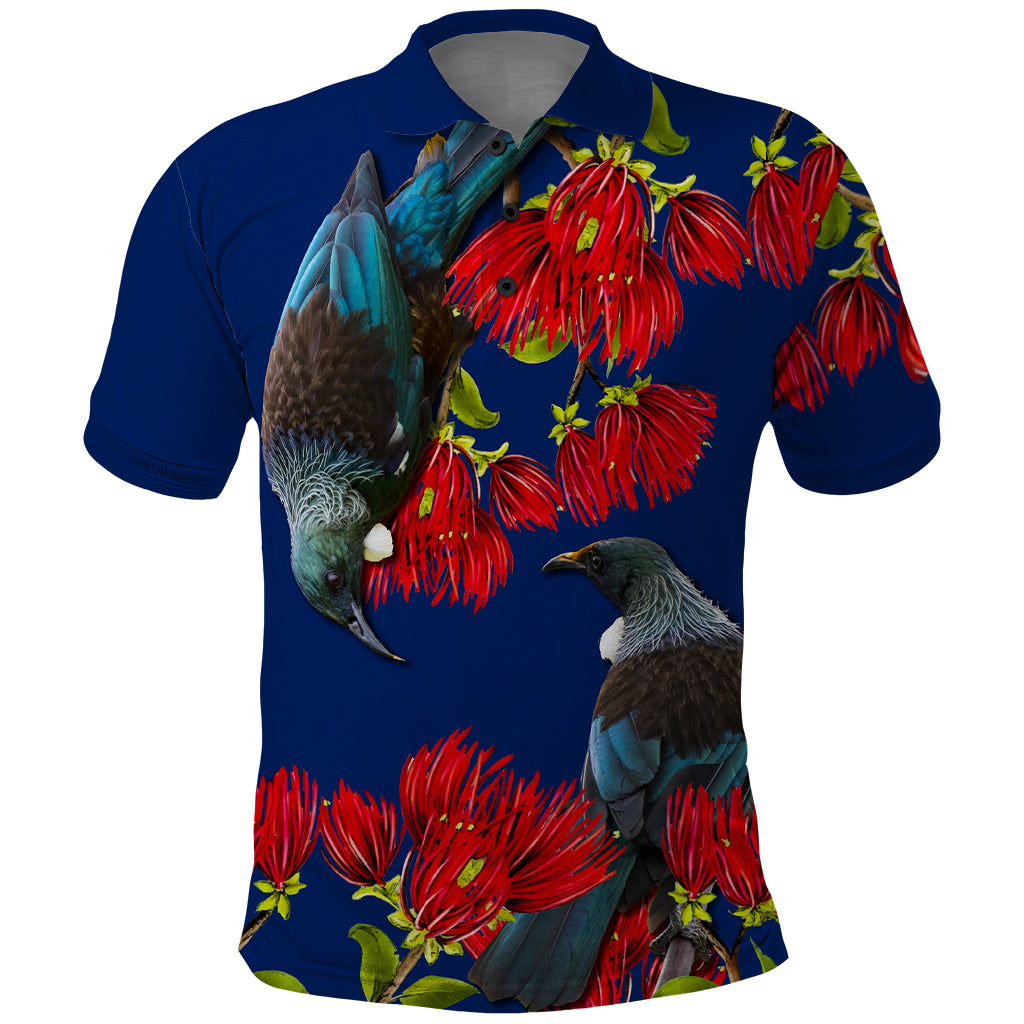 New Zealand Pohutukawa with Tui Birds Polo Shirt Version 2 LT7 Blue - Polynesian Pride