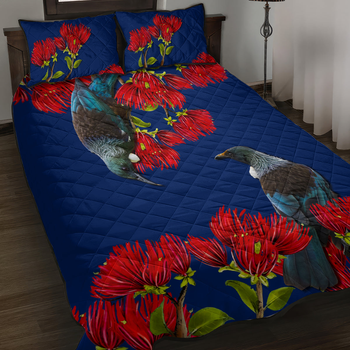 New Zealand Pohutukawa with Tui Birds Quilt Bed Set Version 2 LT7 Blue - Polynesian Pride